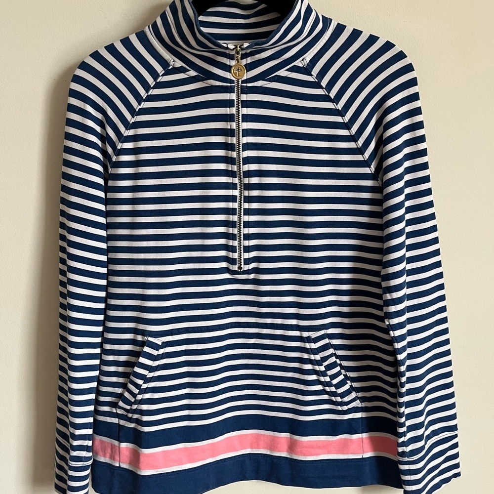 Lilly Pulitzer Half Zip Popover Navy/White/Mellon Striped Pullover Top Sz Sm EUC - Picture 2 of 13